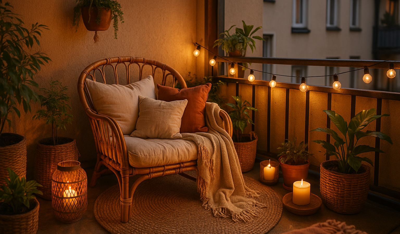 Boho Balkon gestalten mit Textilien, Naturmaterialien und Licht