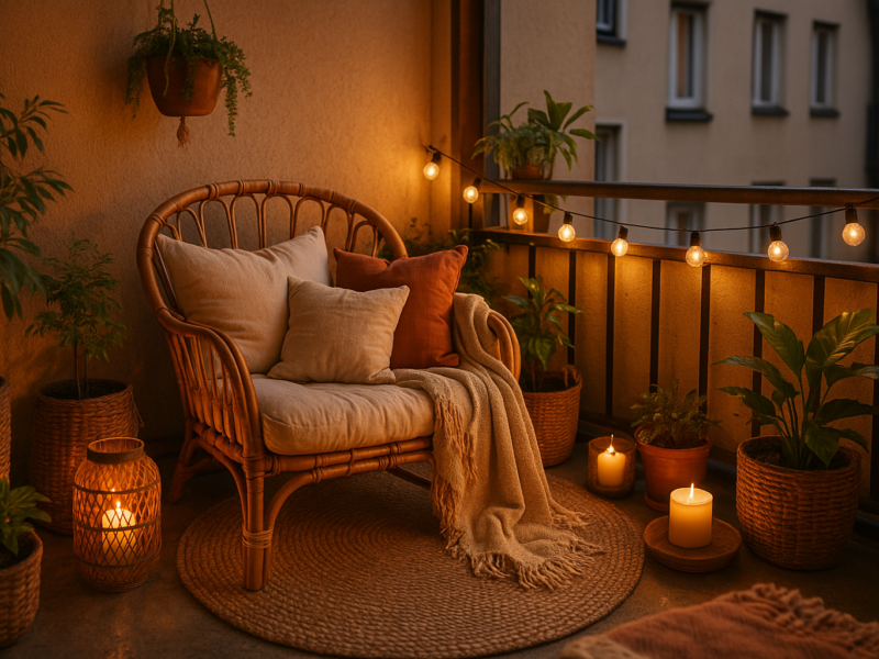 Boho Balkon gestalten mit Textilien, Naturmaterialien und Licht